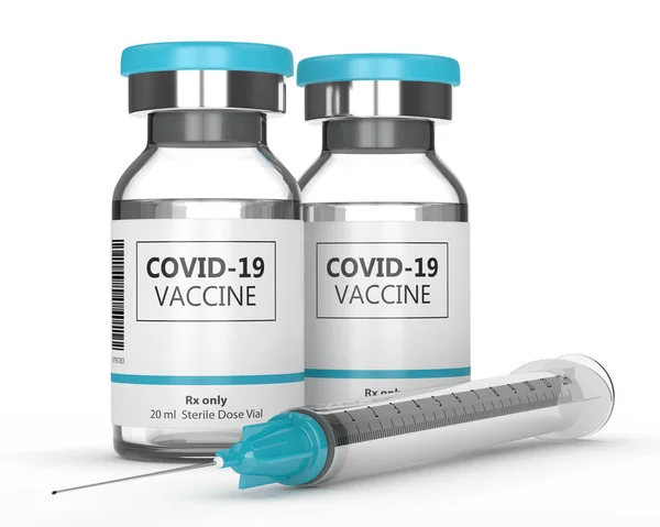 Återgivning Injektionsflaskor Med Covid Vaccin Och Spruta Över Vit Bakgrund — Stockfoto