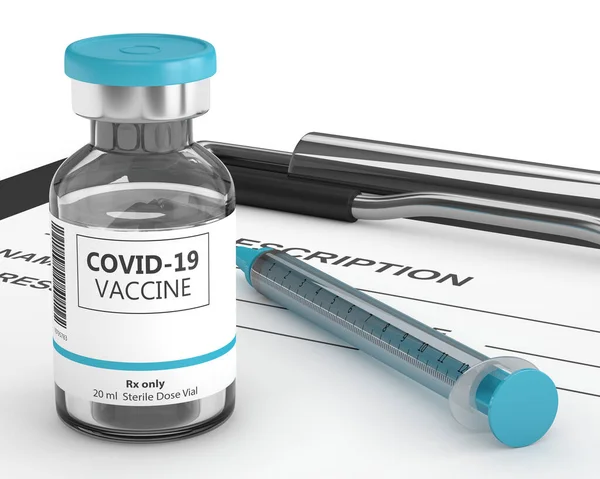 Återgivning Injektionsflaska Och Spruta Med Covid Vaccin Över Vit Bakgrund — Stockfoto