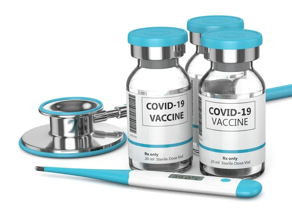 Återgivning Covid Vaccinflaskor Med Stetoskop Och Termometer Över Vit Bakgrund — Stockfoto