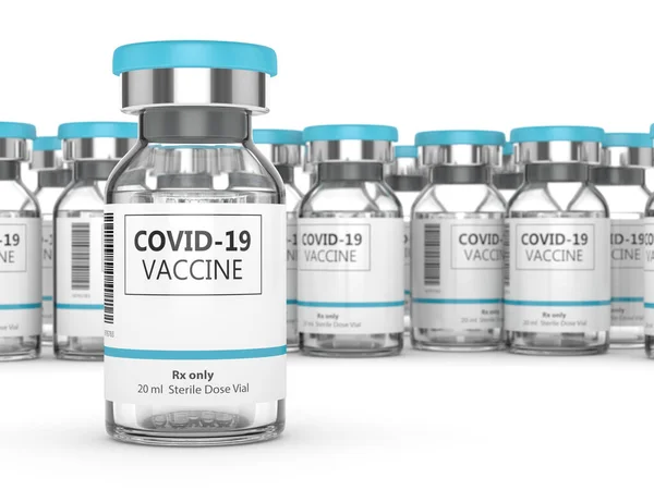 Återgivning Injektionsflaskor Med Covid Vaccin Över Vit Bakgrund — Stockfoto