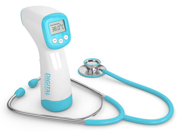 3d render of digital infrared no touch thermometer and stethoscope over white background