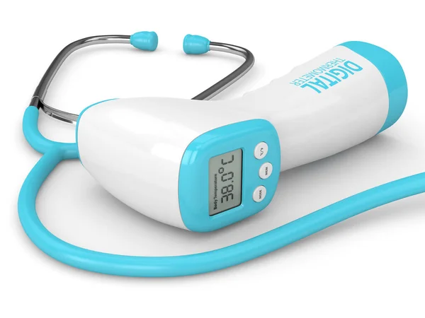 白色の背景にタッチ温度計と聴診器なしのデジタル赤外線の3Dレンダリング — ストック写真