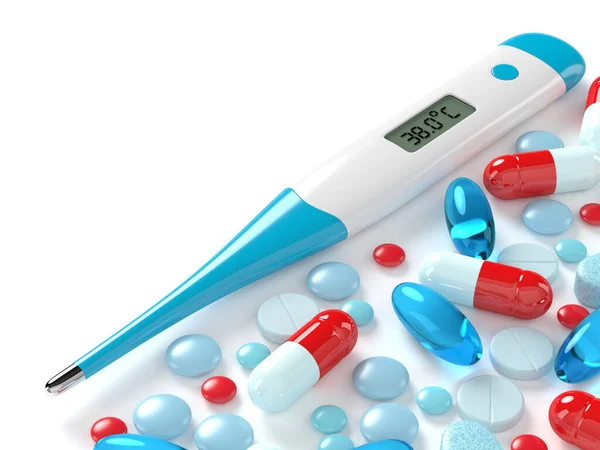 Render Digital Thermometer Pills Place Text — Stock Photo, Image