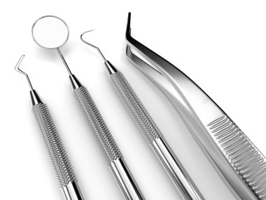 Beyaz arkaplan üzerinde izole edilmiş üç boyutlu diş teşhis araçları