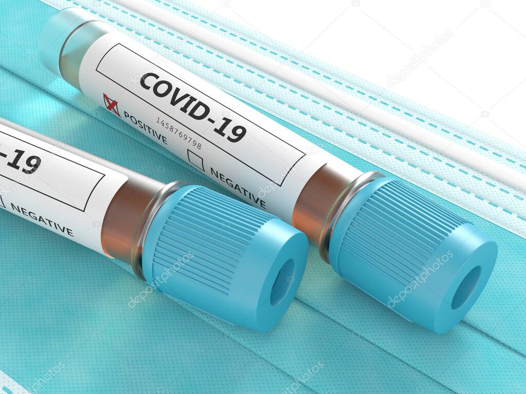 3d render of covid-19 nasal swab laboratory tests with protective mask over white