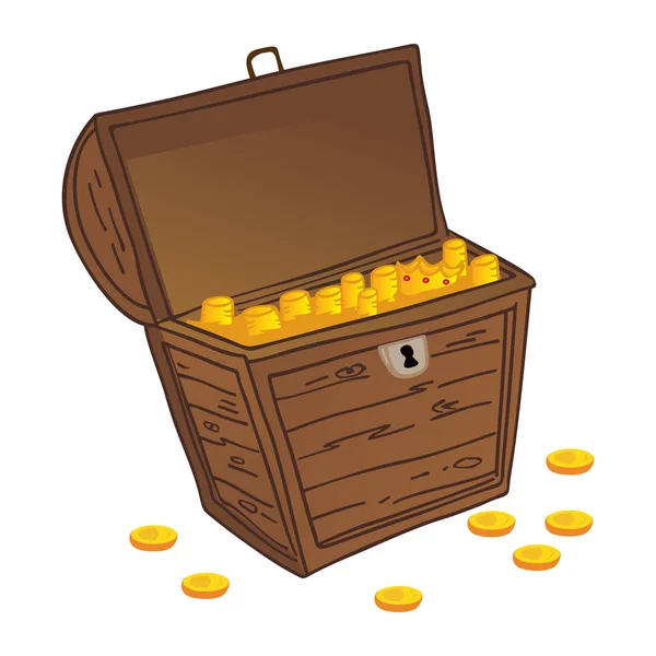 Opened Wooden Chest Full Gold Coins — Stock Vector