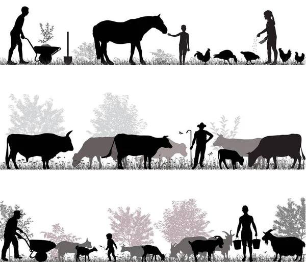 Siluetas de los agricultores en el trabajo y animales de granja — Vector de stock