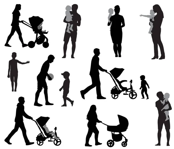 Silhouettes Mères Pères Avec Enfants — Image vectorielle