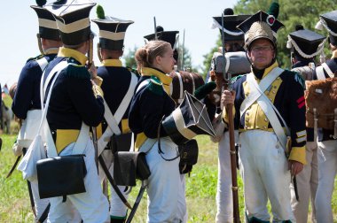RUSSIA KALININGRAD, 30 Haziran 2019: Friedland Savaşı 'nın tarihi canlandırması, Napolyon Savaşları Kaliningrad bölgesi, Rusya.