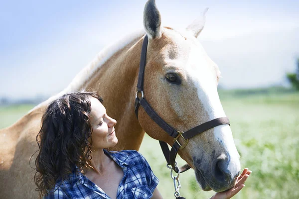 Женщина и лошадь вместе в загоне — стоковое фото