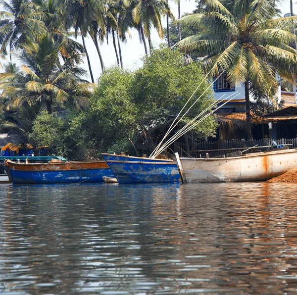 Łodzie rybackie na molo w dżungli palm — Zdjęcie stockowe
