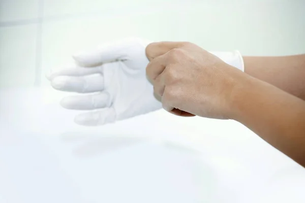 Hands Human Taking Rubber Gloves — Stock Photo, Image