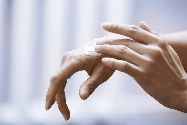 Woman Applying Moisturizing Cream Hands — Stock Photo, Image