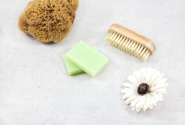 Vücut bakım kavramı. Sabun, deniz süngeri, bacaklar ve çiçek için fırça beyaz arka plan üzerinde vardır. Kaplıca tedavisi.