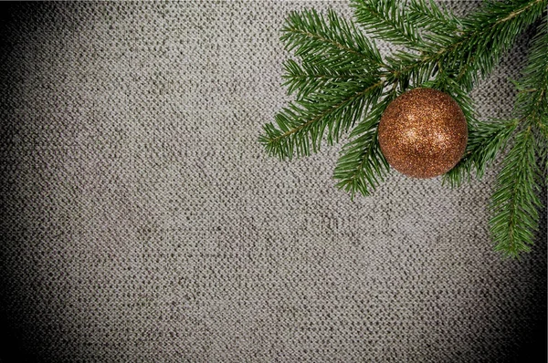 Zielona gałązka z Boże Narodzenie ball na płótnie tło — Zdjęcie stockowe