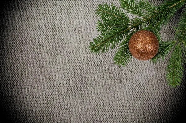 Grüner Zweig mit Weihnachtskugel auf Leinwand-Hintergrund — Stockfoto