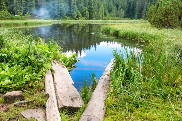 Houten brug in blauwe meer — Stockfoto