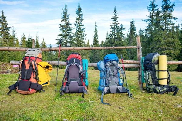 Four backpacks standing near fence — Stock Photo, Image