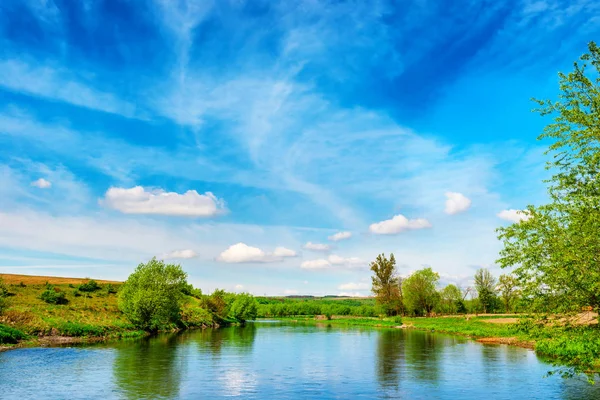 Vista a las orillas del río con árboles verdes — Foto de Stock