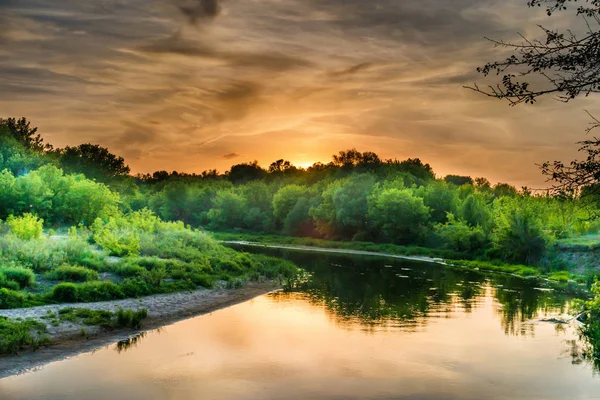 Yeşil ağaçlarıyla çevrili büyük nehir — Stok fotoğraf