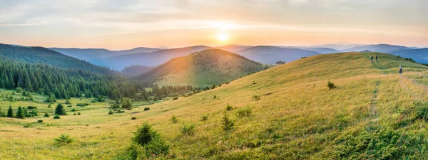 Zonsondergang in bergen met bos — Stockfoto