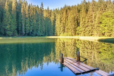 Mavi su ve ahşap köprü ile ormandaki göl