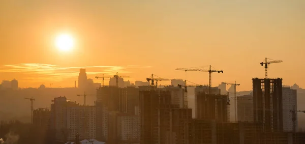 Panorama Sunset City Silhouette Buildings Industrial Cranes — Stock Photo, Image