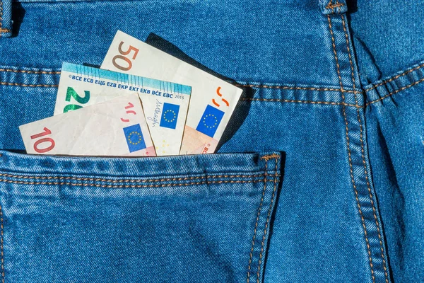 Euro Dinheiro Bolso Azul Jeans — Fotografia de Stock