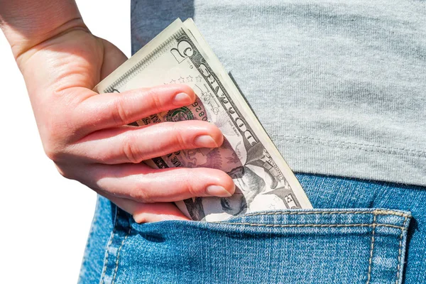 Mano Femminile Mettendo Soldi Dollari Tasca Jeans — Foto Stock