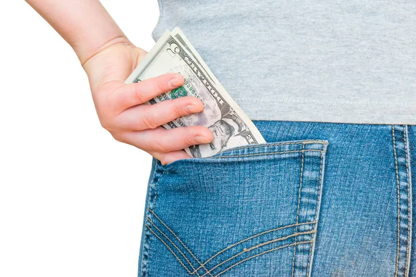 Mano Femminile Mettendo Soldi Dollari Tasca Jeans — Foto Stock