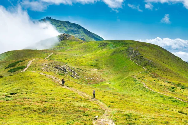 ハイキングの人と緑の山 — ストック写真