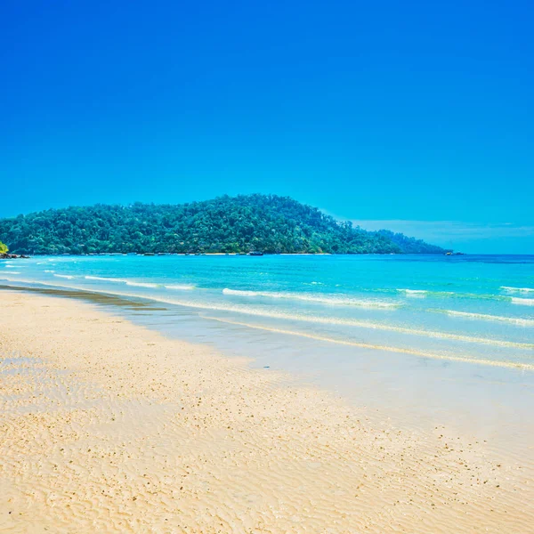 Panorama Beautiful Beach Tropical Island White Sand Green Trees — Stock Photo, Image