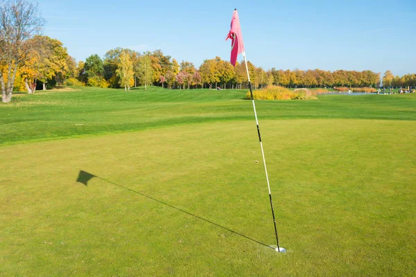 Drapeau Golf Près Piège Sur Terrain Golf Vert — Photo