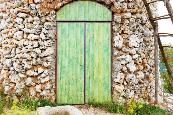 Green Old Wooden Door Stone Wall — Stock Photo, Image