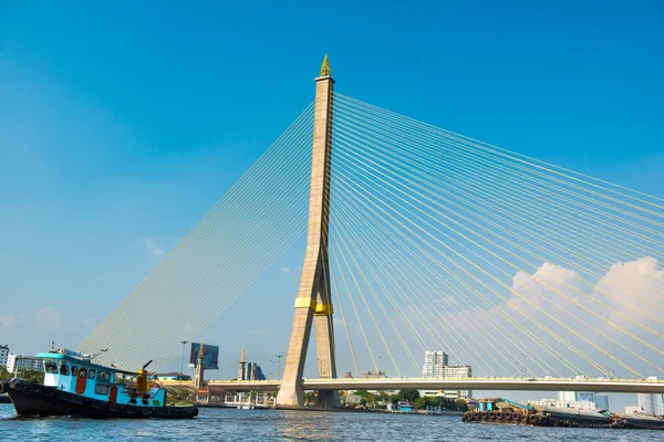 Pohled Zavěšení Rama Bridge Přes Řeku Chaophraya Slunečného Dne Pamětihodná — Stock fotografie