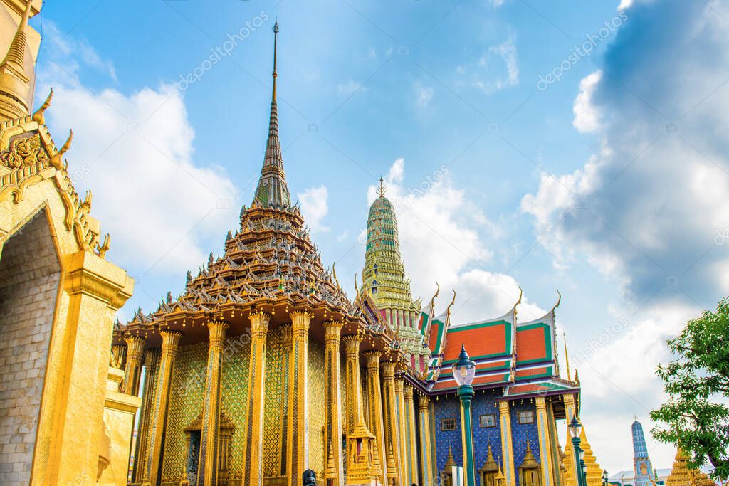 View of complex of Temple of Emerald Buddha. Grand Palace ensemble, Bangkok, Thailand