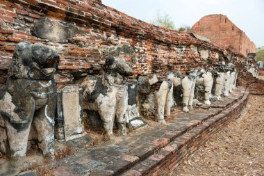 Tuğla Wat Maheyong Tapınağı 'nın harabelerinde sıra sıra fil heykelleri. Ayutthaya, Tayland 'ın tarihi mimarisi 