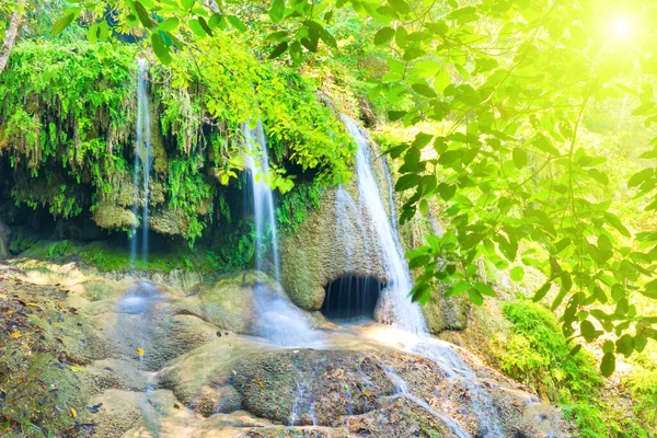 Tropical Landscape Beautiful Waterfall Rocks Wild Green Jungle Forest Erawan — Stock Photo, Image