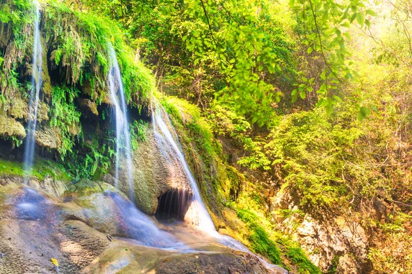 Tropical Landscape Beautiful Waterfall Rocks Wild Green Jungle Forest Erawan — Stock Photo, Image