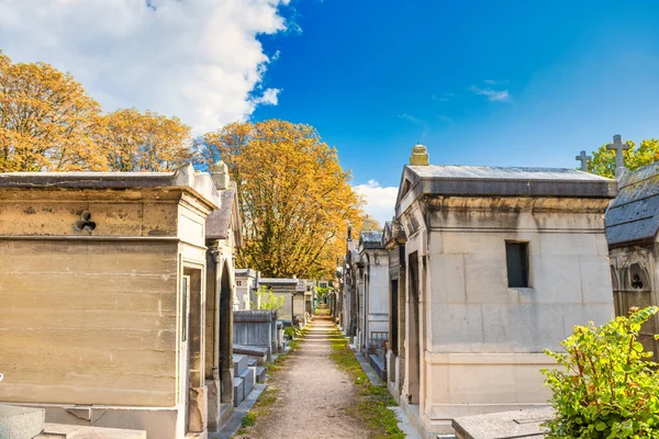 Perspectiva Callejón Con Fila Criptas Piedra Árboles Cementerio Montmartre París —  Fotos de Stock