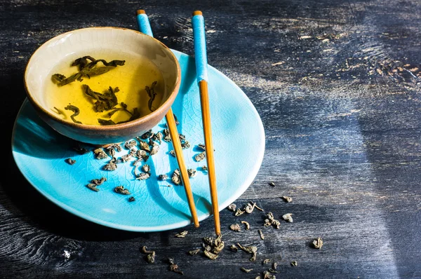 Green tea on wooden table — Stock Photo, Image