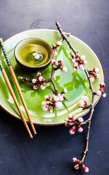 Grüner Tee und Pfirsichblüte als Frühlingskonzept — Stockfoto
