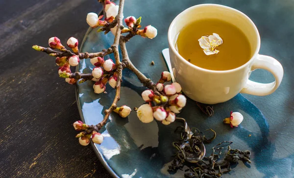 Zielona herbata i brzoskwiniowym jako koncepcja wiosna — Zdjęcie stockowe