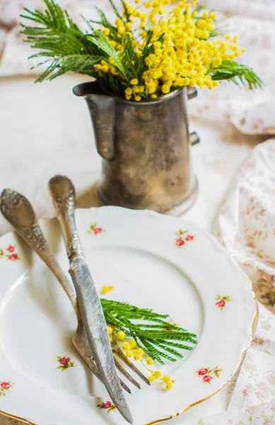 Dukningen med mimosa blommor — Stockfoto