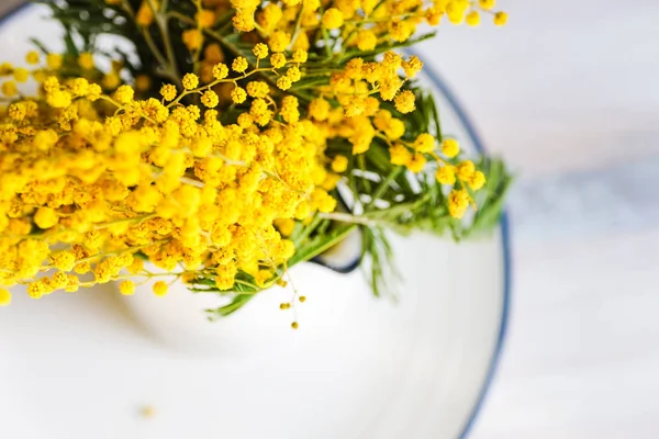 Spring table setting with mimosa flowers — Stock Photo, Image