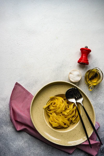 Homemade Fettuccine Pasta Cheese Tomato Sauce Stone Rustic Background Copy — Stock Photo, Image