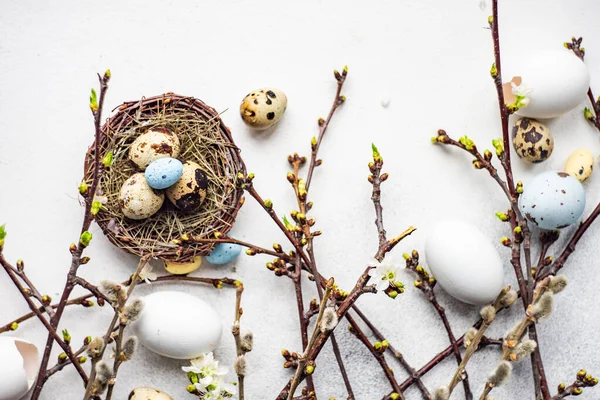 Concepto Tarjeta Pascua Con Huevos Sobre Fondo Rústico Madera Con — Foto de Stock