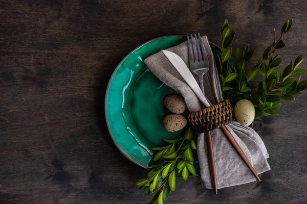 Primavera Tavola Floreale Allestimento Cena Pasqua Sfondo Rustico Con Spazio — Foto Stock