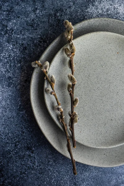 Festive Table Setting Holiday Easter Dinner Decorated Boxwood Willow Pussy — Stock Photo, Image