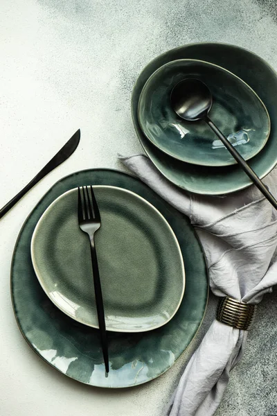 Table Setting Modern Ceramic Dishware Cutlery Grey Concrete Background Copy — Stock Photo, Image